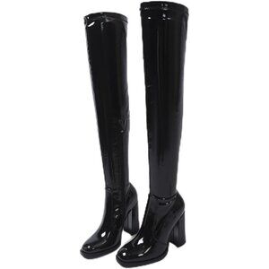 Women's Black Thigh High Over The Knee Leather Heels Long Sexy Round Toe Boots